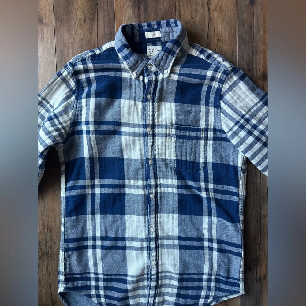 J.Crew Blue Plaid Flannel Shirt Mens Slim Medium Sustainable Re-Imagined